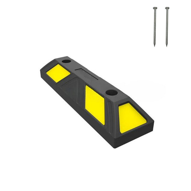 Image of Parking Curb Block - 20" Length - Spikes Included - Yellow / Black Striped Rubber