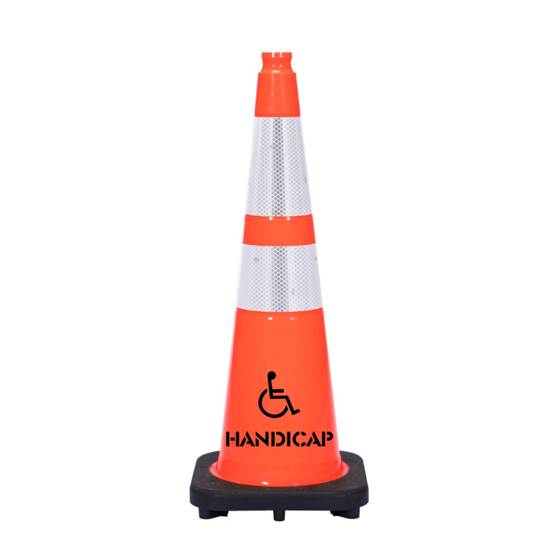 Image of 28" HANDICAP Traffic Safety Cone - 10 Lbs - Orange - 6" + 4" Inch Hi Intensity Reflective Collars - One Side