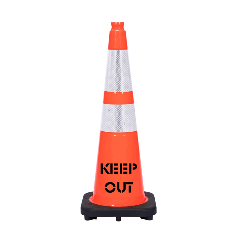 Image of 28" KEEP OUT Traffic Safety Cone - 10 Lbs - Orange - 6" + 4" Inch Hi Intensity Reflective Collars - One Side