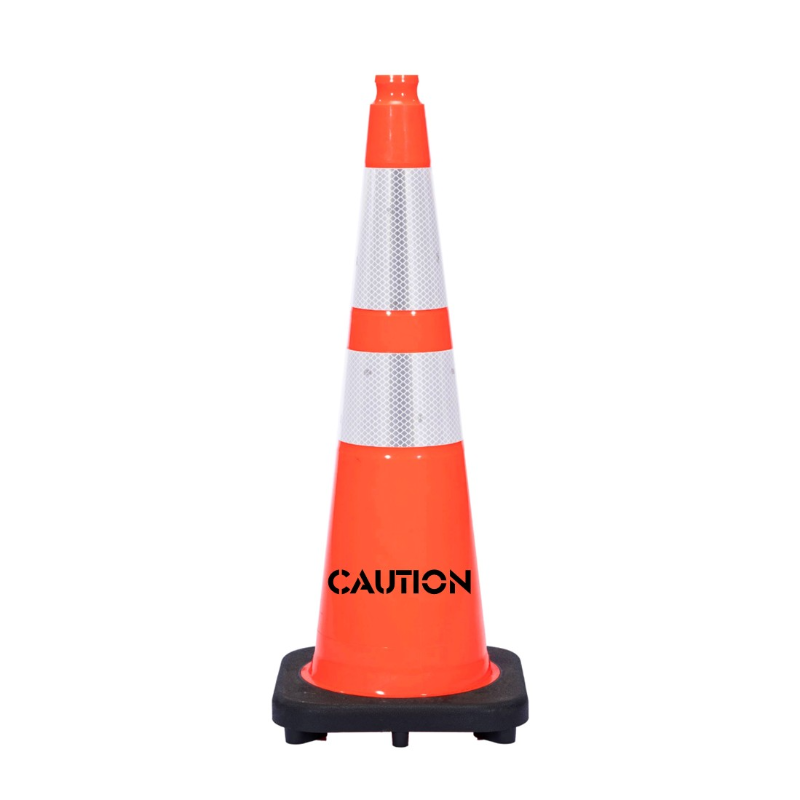 Image of 28" CAUTION Traffic Safety Cone - 10 Lbs - Orange - 6" + 4" Inch Hi Intensity Reflective Collars - One Side