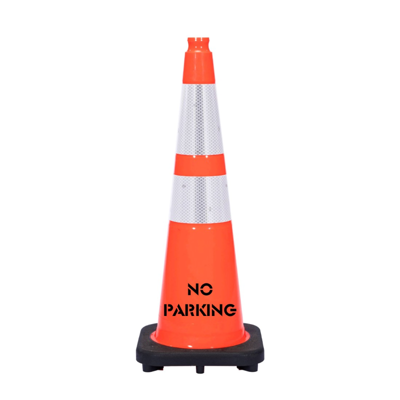 Image of 28" NO PARKING Traffic Safety Cone - 10 Lbs - Orange - 6" + 4" Inch Hi Intensity Reflective Collars - One Side