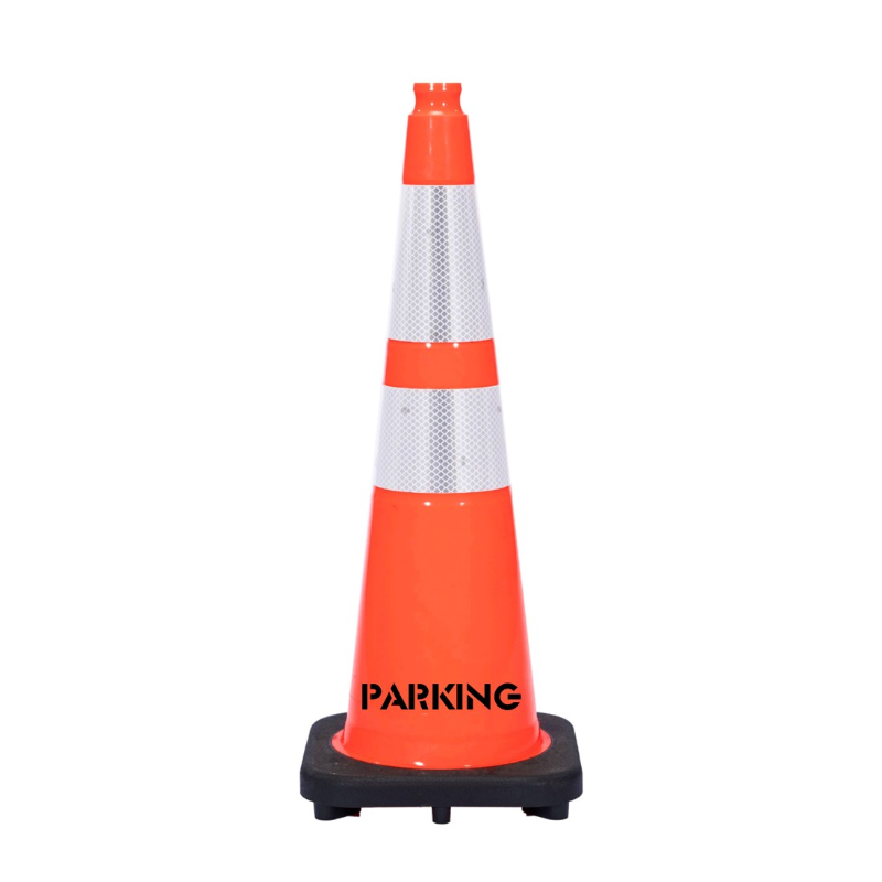 Image of 28" PARKING Traffic Safety Cone - 10 Lbs - Orange - 6" + 4" Inch Hi Intensity Reflective Collars - One Side