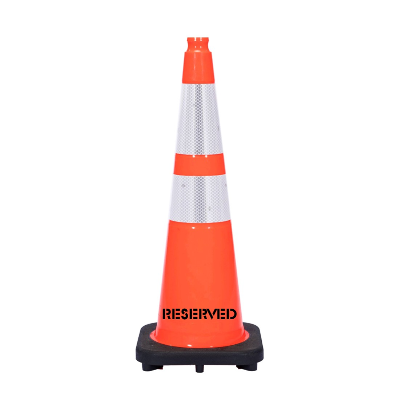 Image of 28" RESERVED Traffic Safety Cone - 10 Lbs - Orange - 6" + 4" Inch Hi Intensity Reflective Collars - One Side