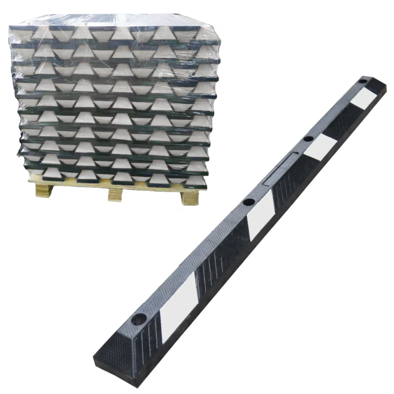 Image of Parking Block - 6 Feet Long - Rubber Curb Wheel Stop - White Stripes - Bulk Pallet - 70 Pcs